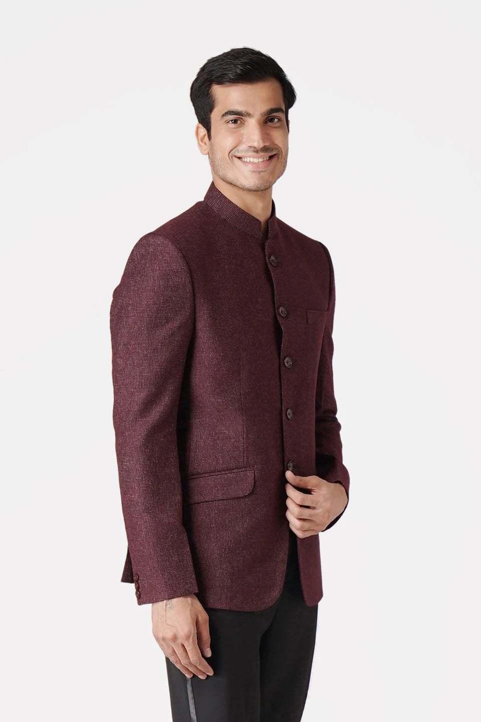 Maroon Bandhgala Tweed 5 Button Blazer