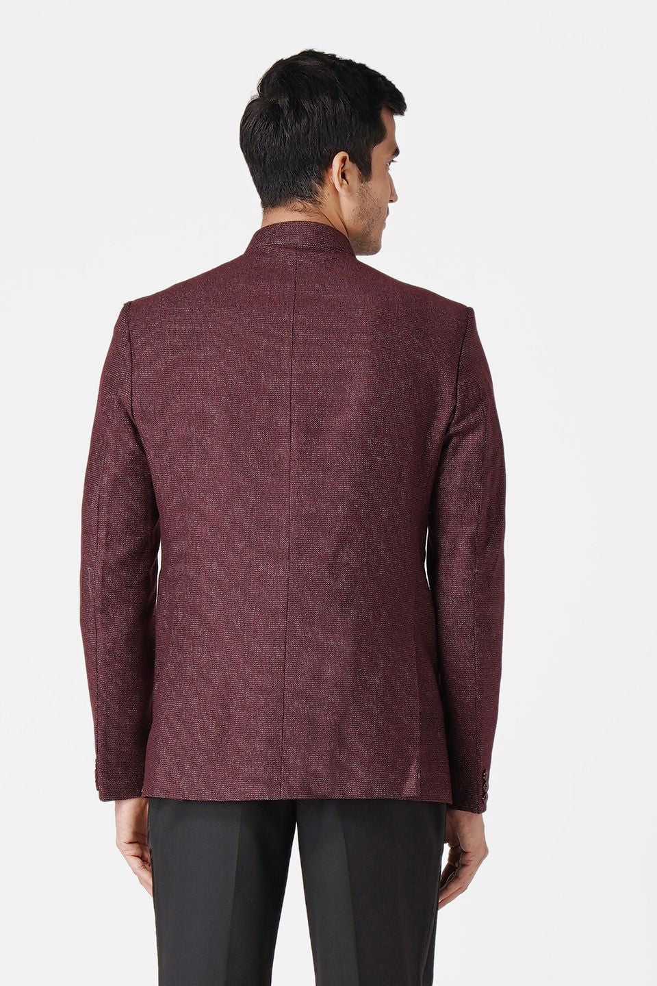 Maroon Bandhgala Tweed 5 Button Blazer