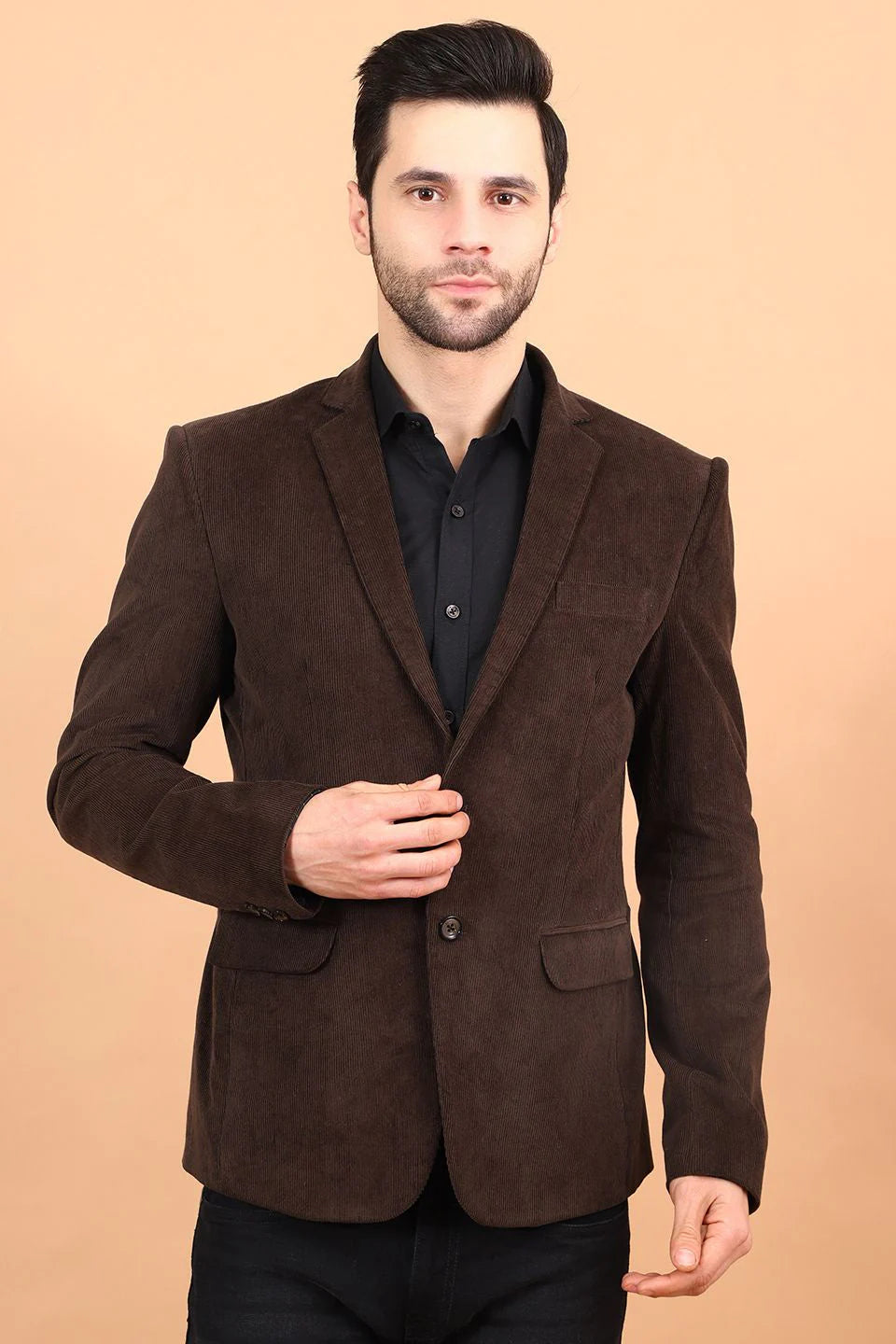 Brown Single Breasted Notched Lapel Velvet Blazer