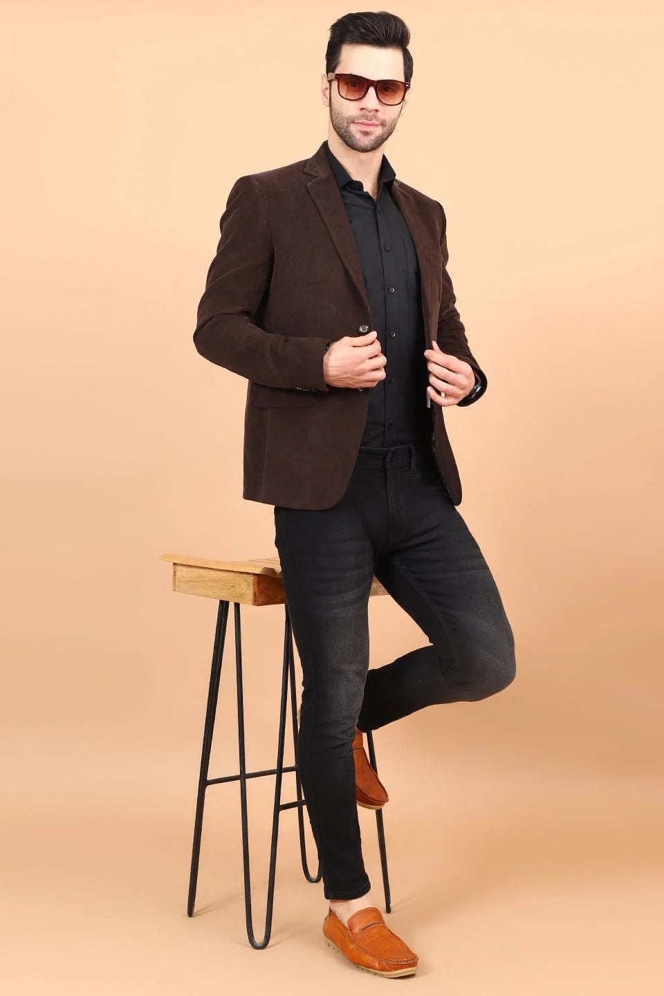 Brown Single Breasted Notched Lapel Velvet Blazer