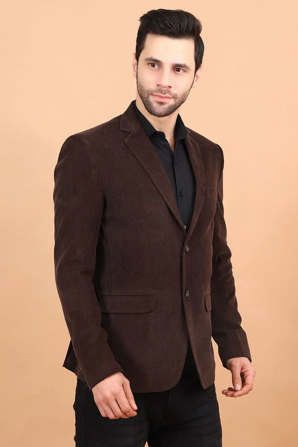 Brown Single Breasted Notched Lapel Velvet Blazer