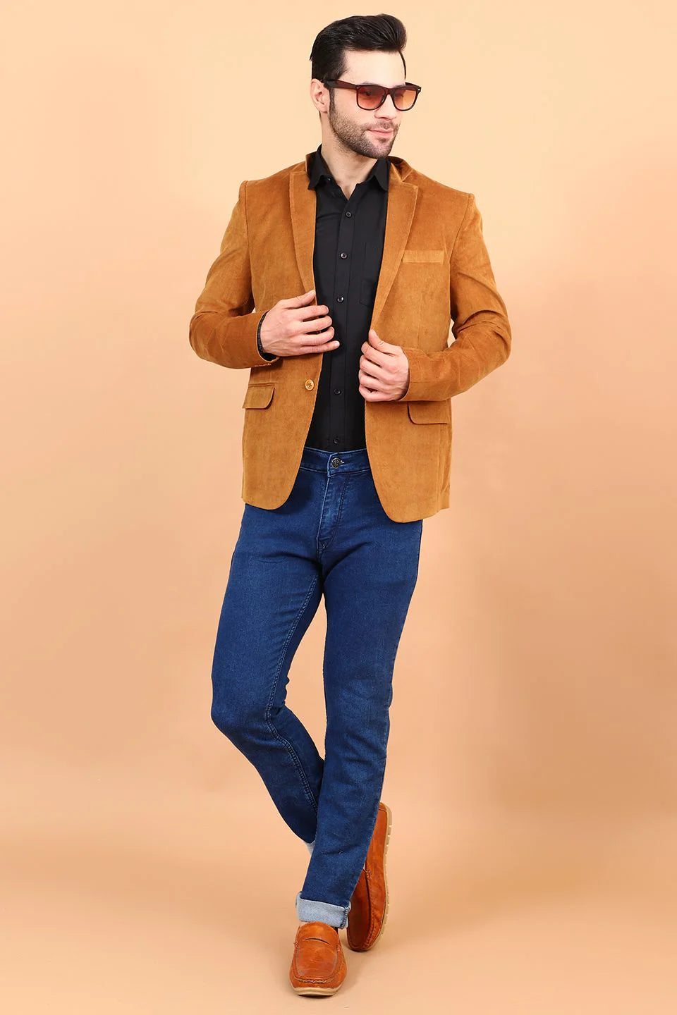 Yellow Single Breasted Notched Lapel Velvet Blazer