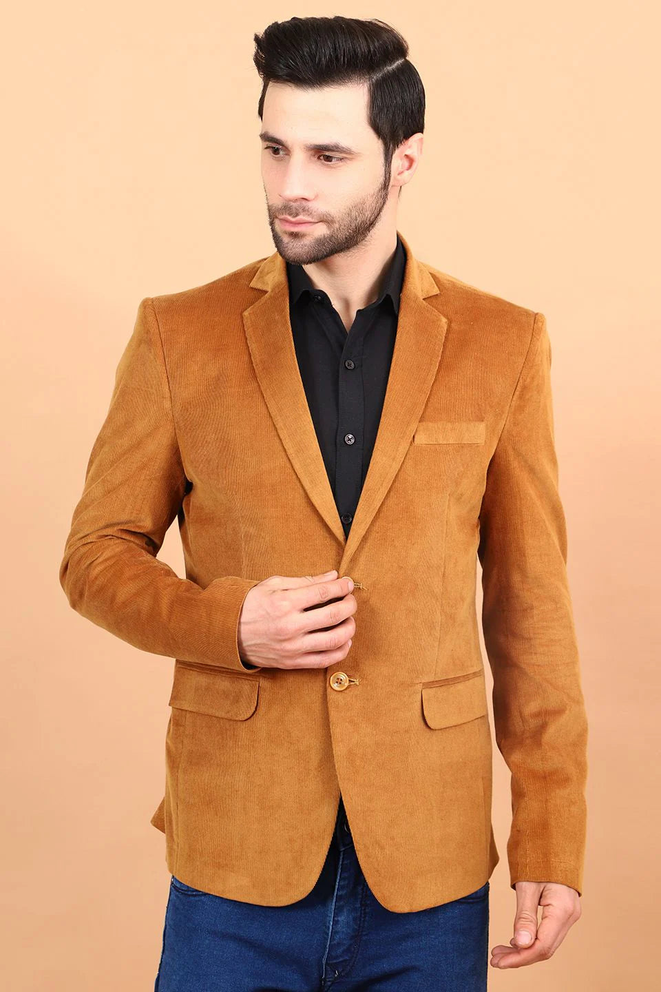 Yellow Single Breasted Notched Lapel Velvet Blazer