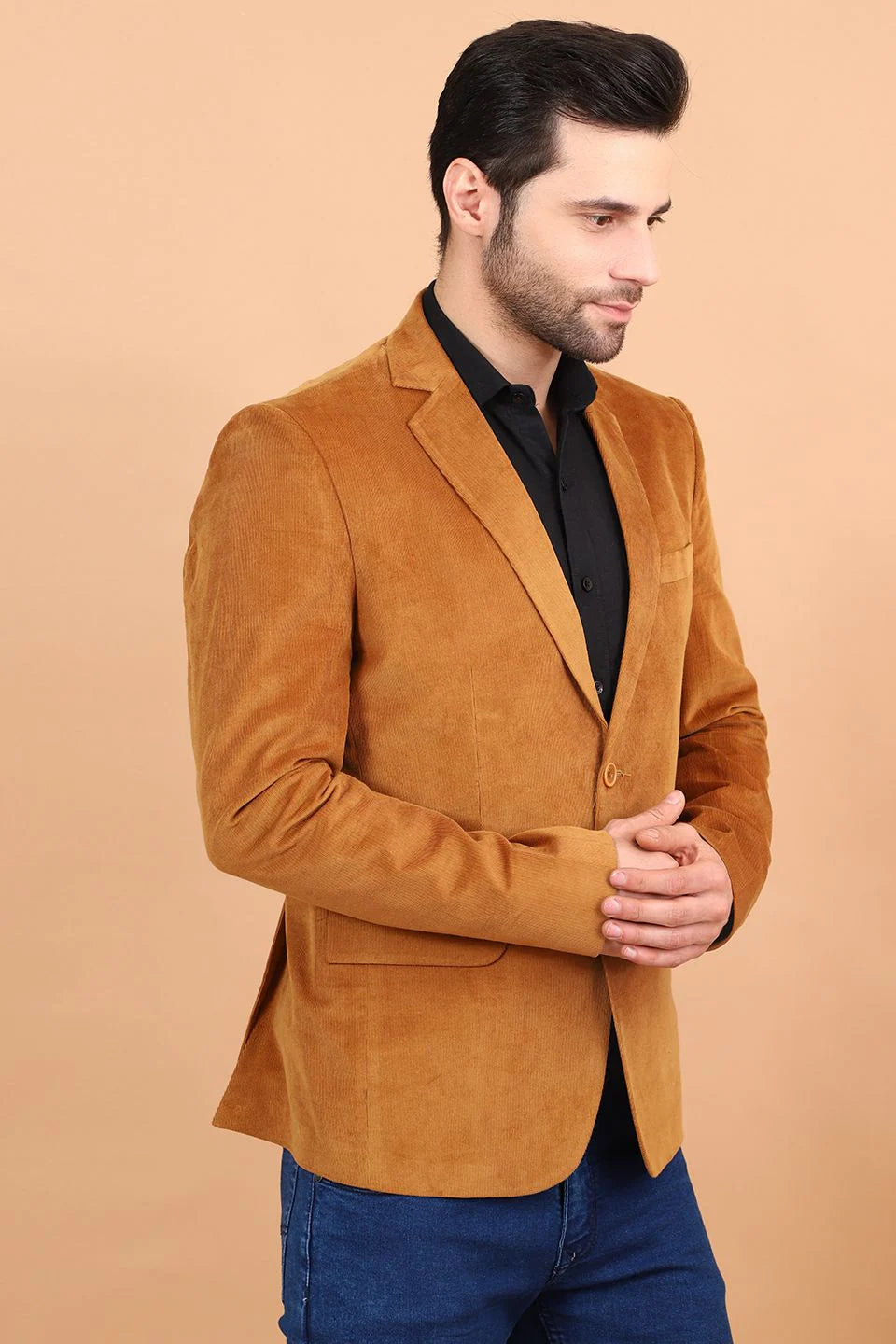Yellow Single Breasted Notched Lapel Velvet Blazer