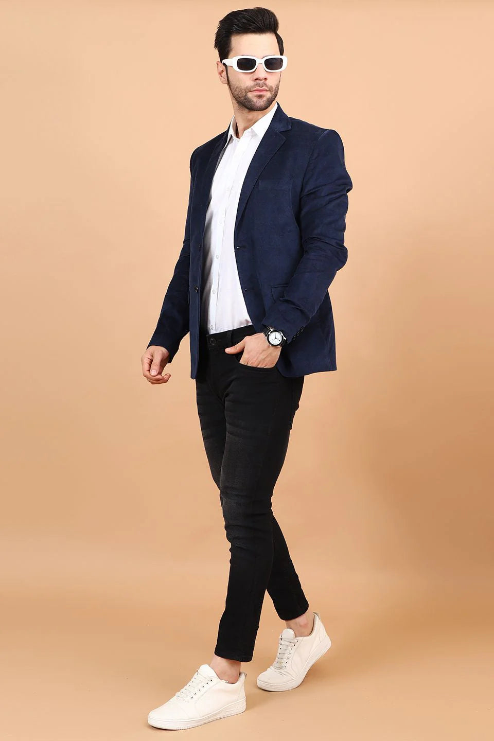 Blue Single Breasted Notched Lapel Velvet Blazer