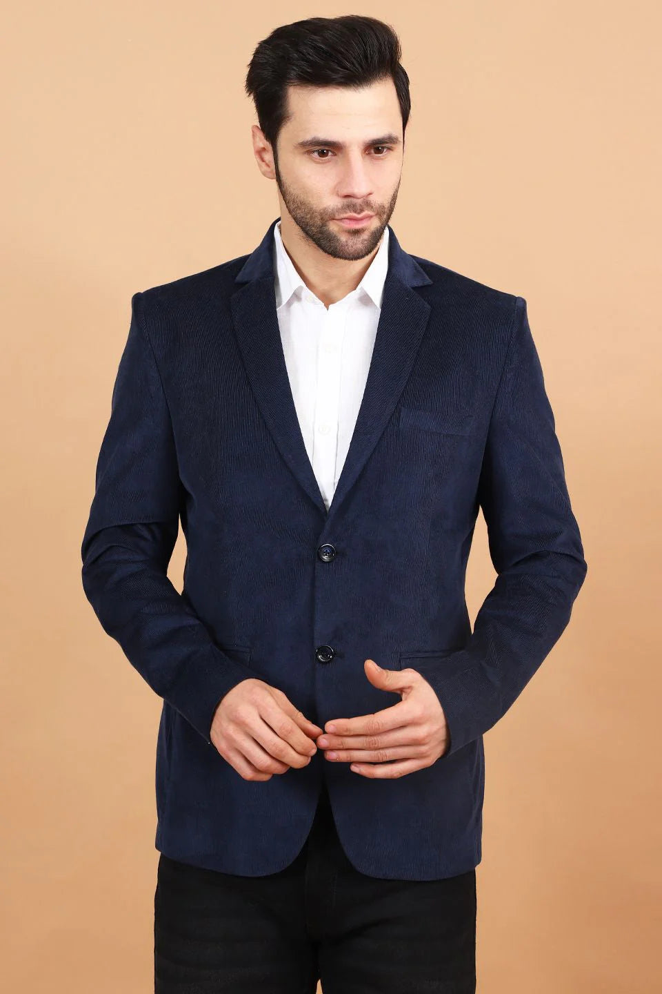 Blue Single Breasted Notched Lapel Velvet Blazer