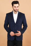 Blue Single Breasted Notched Lapel Velvet Blazer