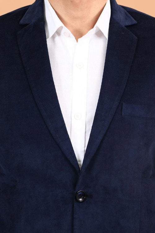 Blue Single Breasted Notched Lapel Velvet Blazer