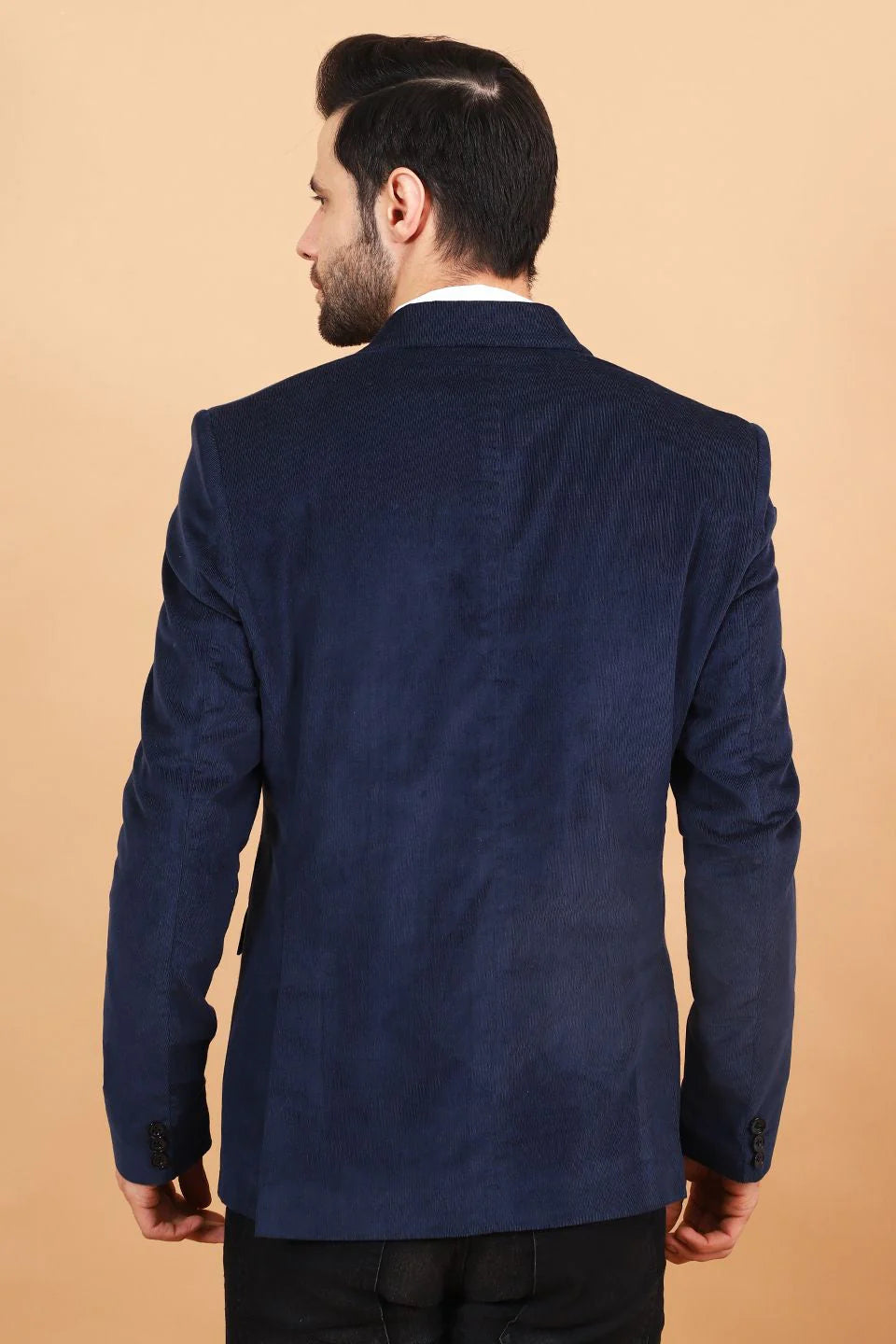 Blue Single Breasted Notched Lapel Velvet Blazer