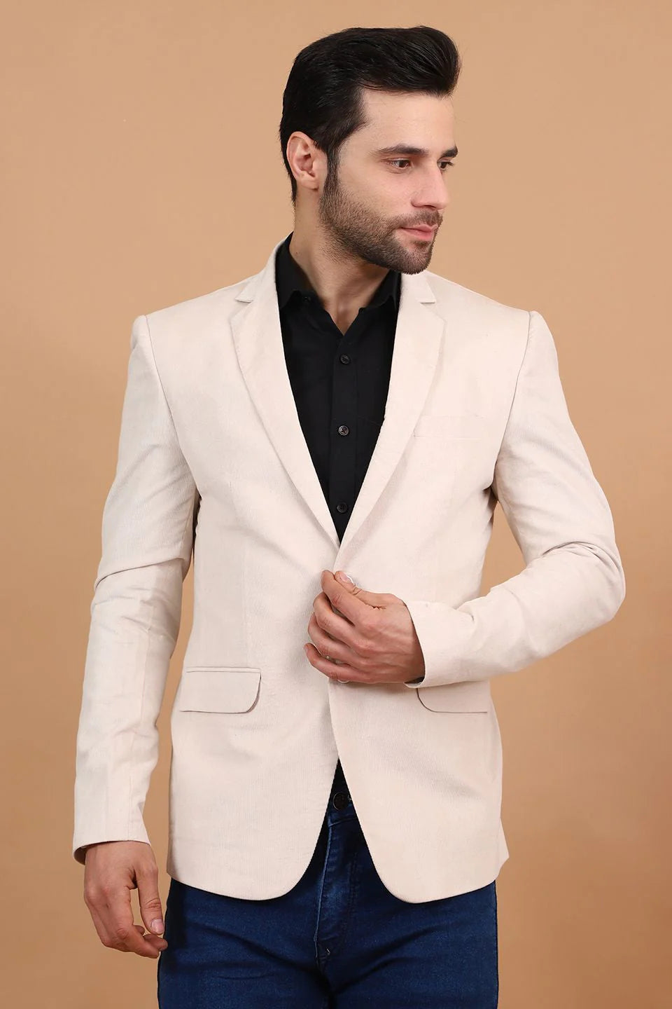 White Single Breasted Notched Lapel Velvet Blazer