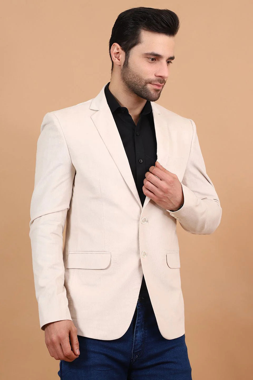 White Single Breasted Notched Lapel Velvet Blazer