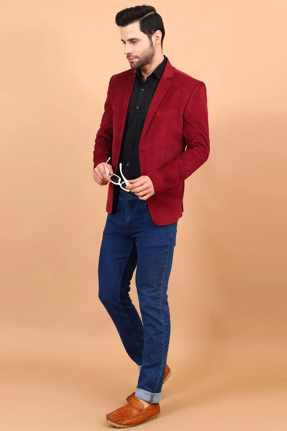 Maroon Single Breasted Notched Lapel Velvet Blazer