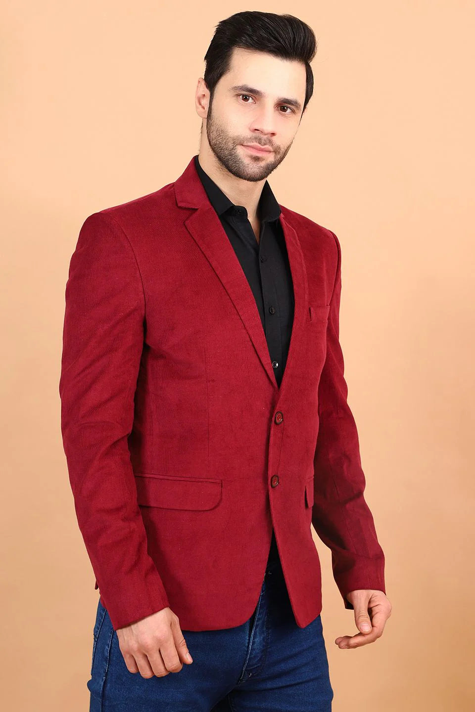 Maroon Single Breasted Notched Lapel Velvet Blazer