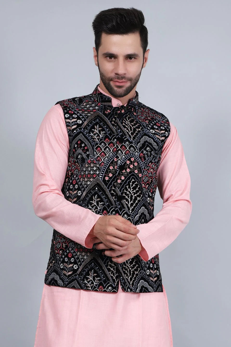 Black Embroided Nehru Jacket For Men