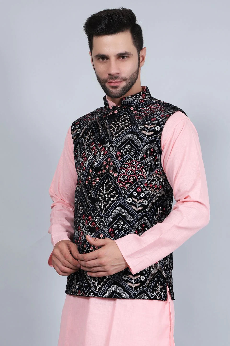 Black Embroided Nehru Jacket For Men