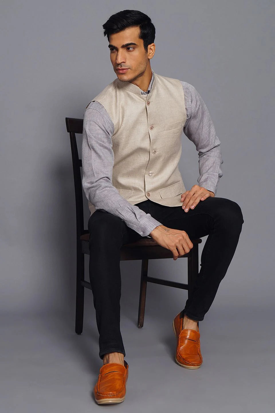 Beige Linen Nehru Jacket For Men