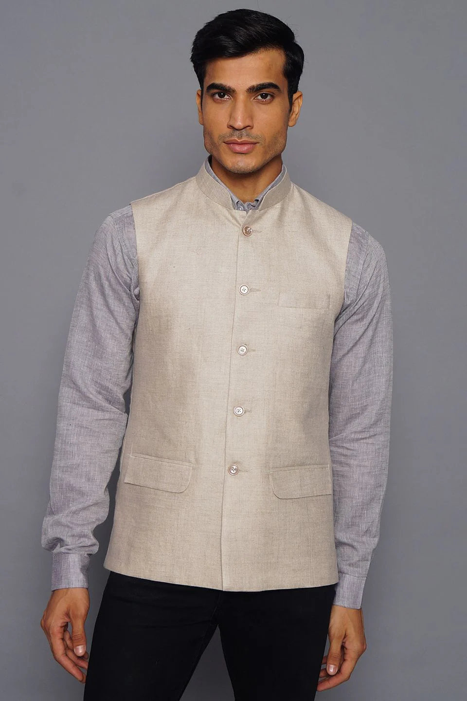 Beige Linen Nehru Jacket For Men