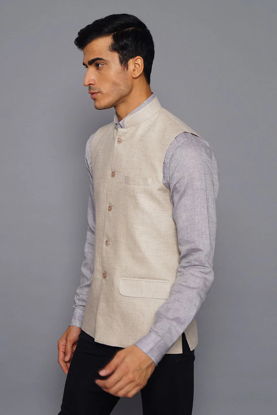 Beige Linen Nehru Jacket For Men