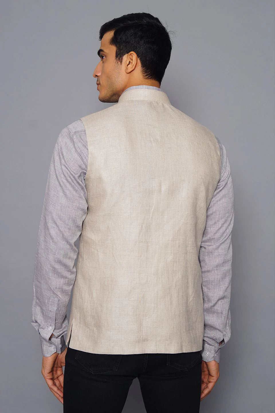 Beige Linen Nehru Jacket For Men