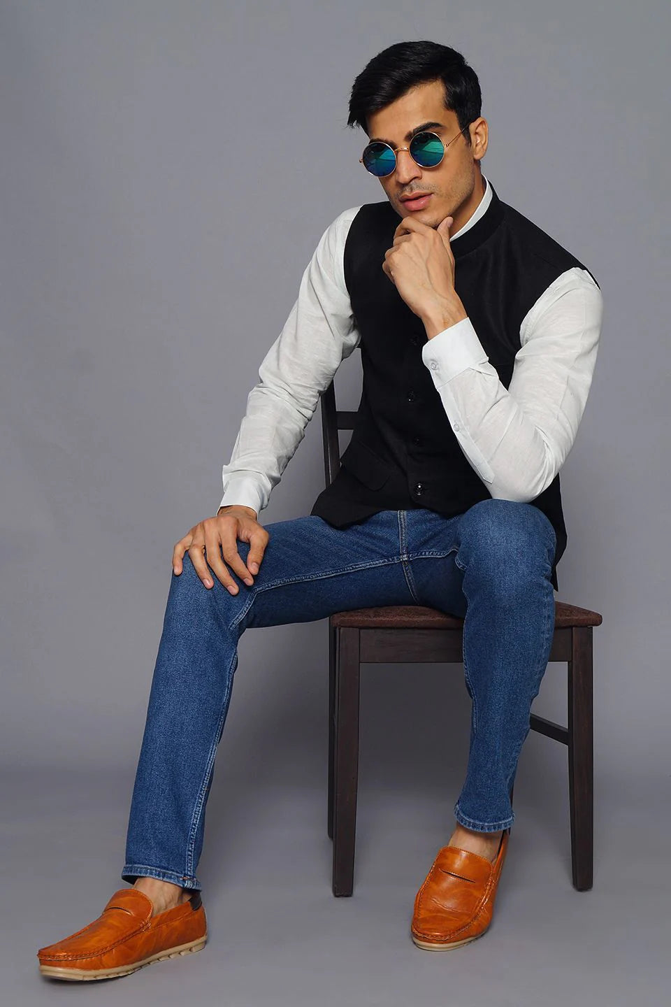 Black Linen Nehru Jacket For Men