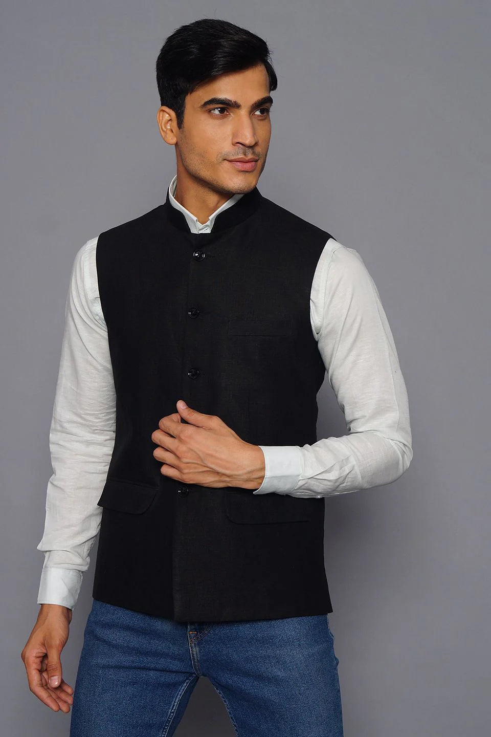 Black Linen Nehru Jacket For Men