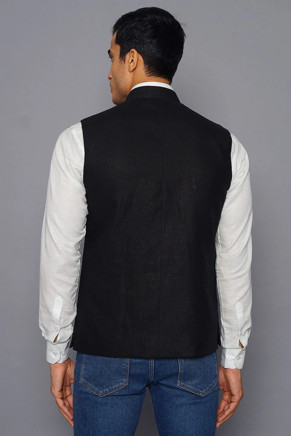 Black Linen Nehru Jacket For Men