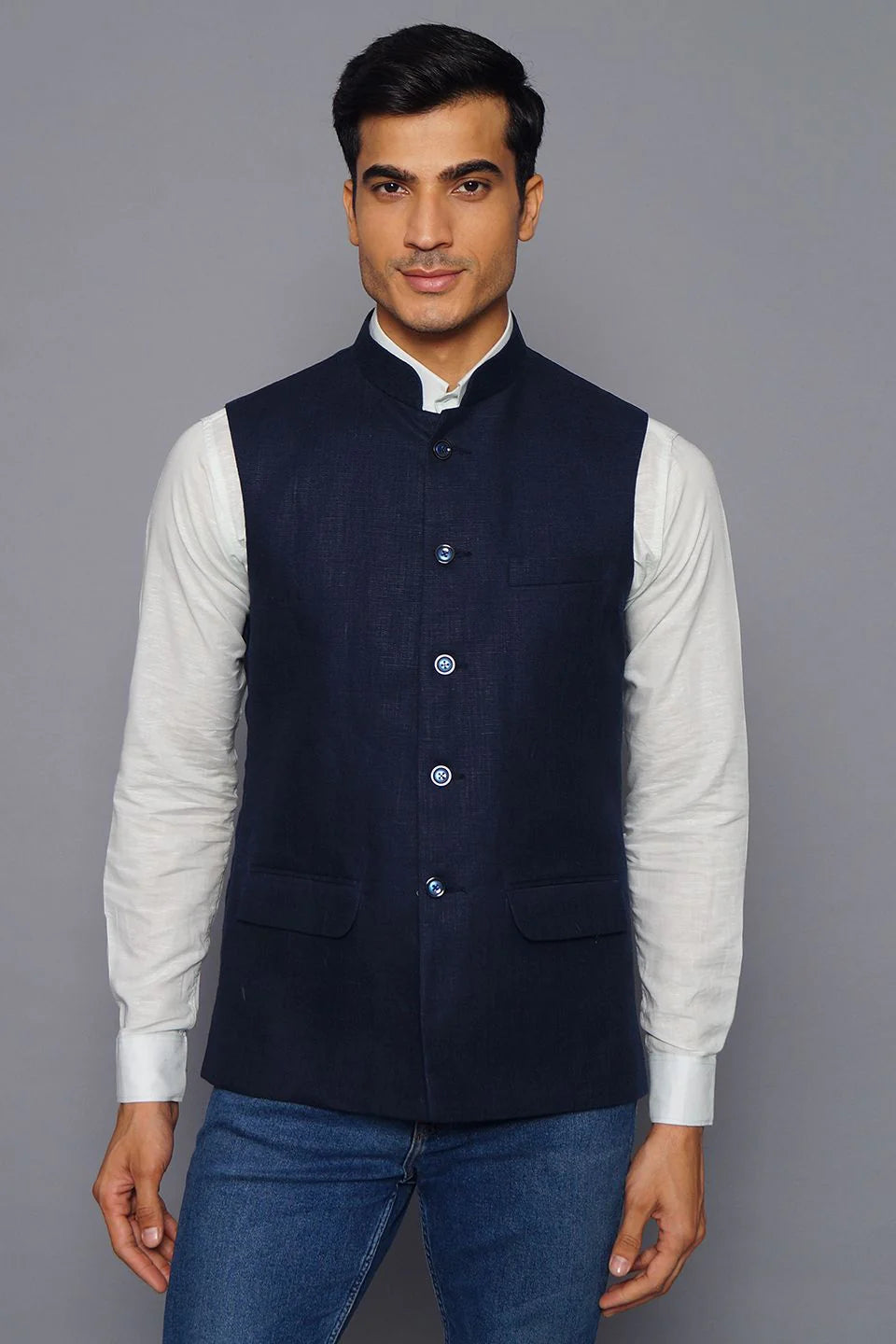 Blue Linen Nehru Jacket For Men