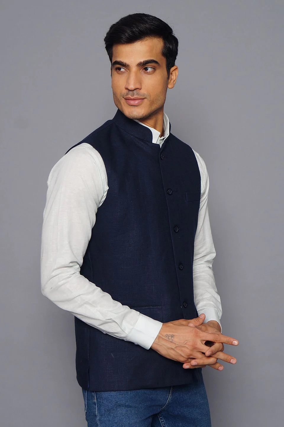 Blue Linen Nehru Jacket For Men