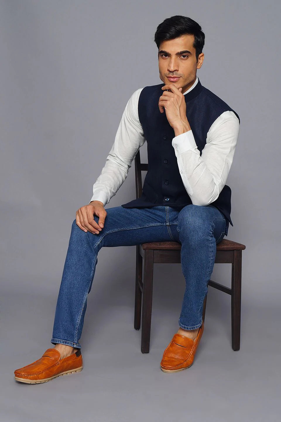 Blue Linen Nehru Jacket For Men