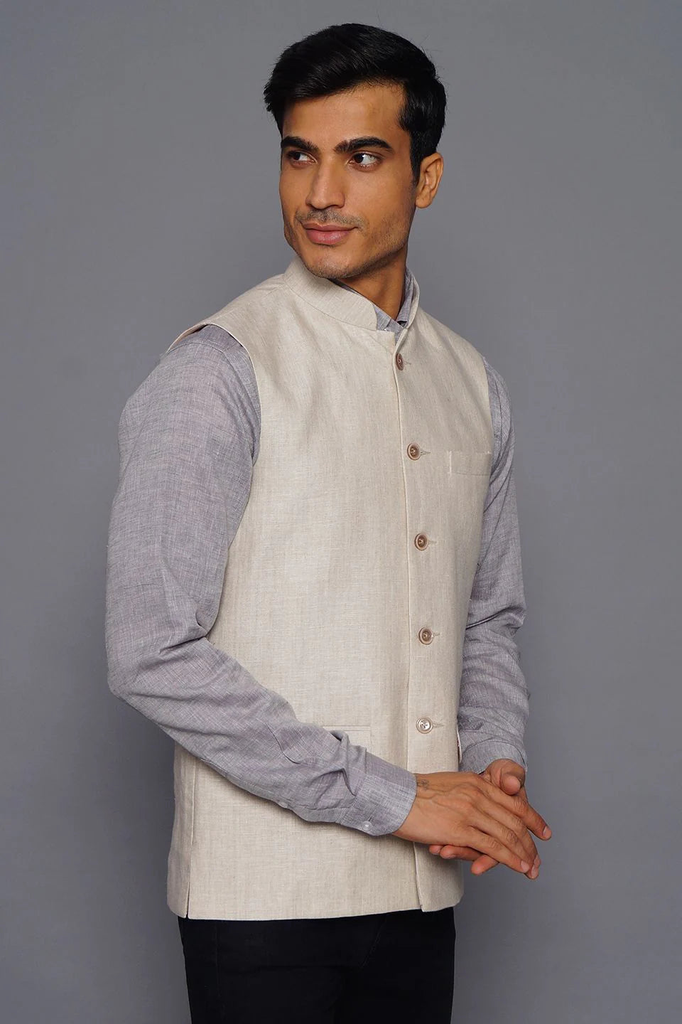 Light Fawn Linen Nehru Jacket For Men