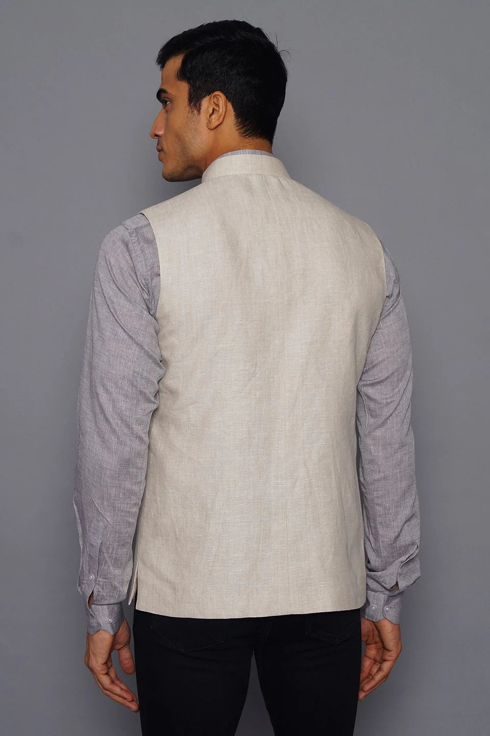 Light Fawn Linen Nehru Jacket For Men