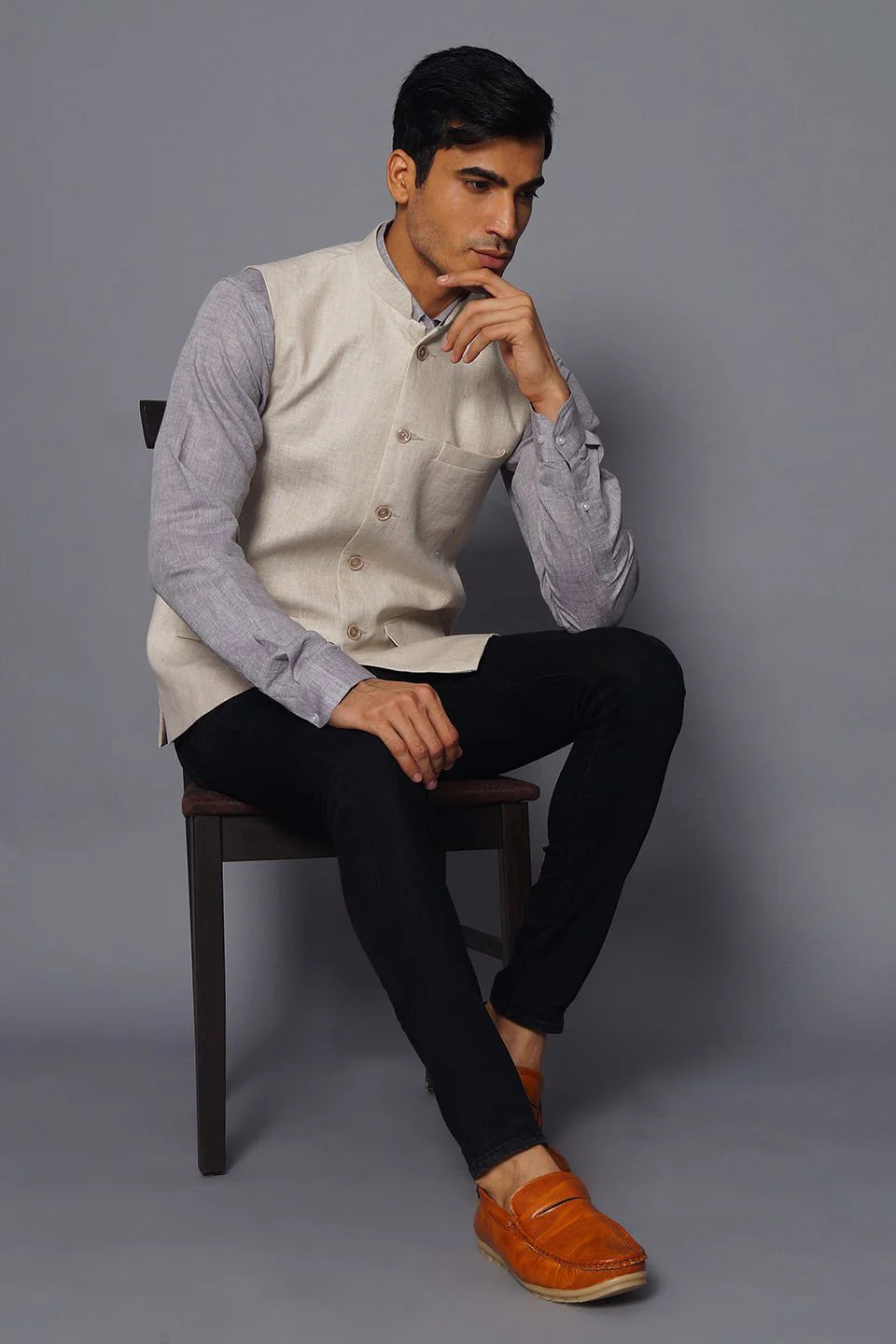 Light Fawn Linen Nehru Jacket For Men