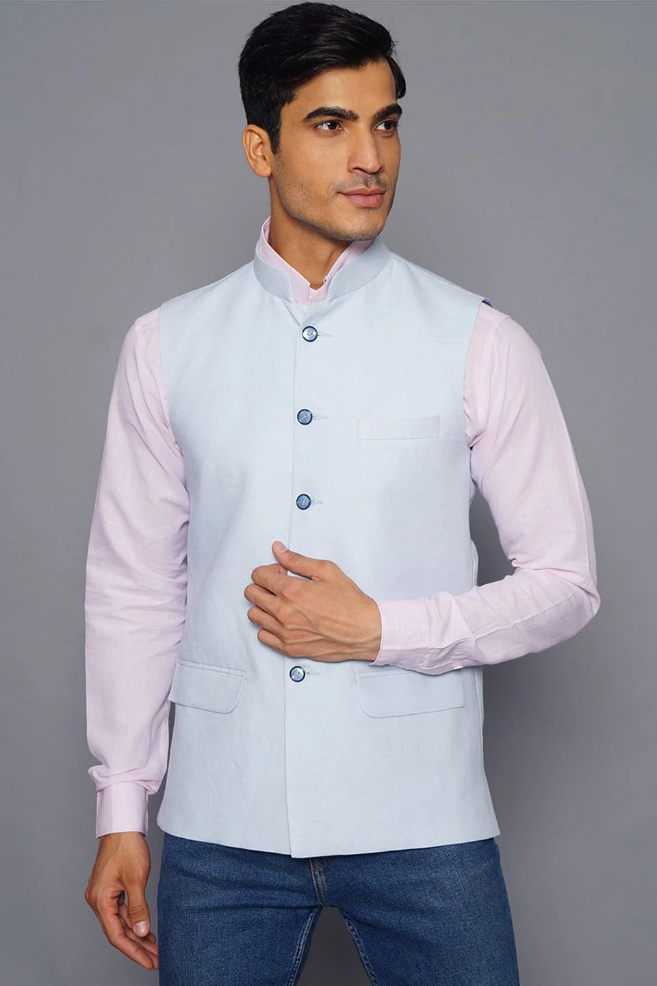 Sky Blue Linen Nehru Jacket For Men
