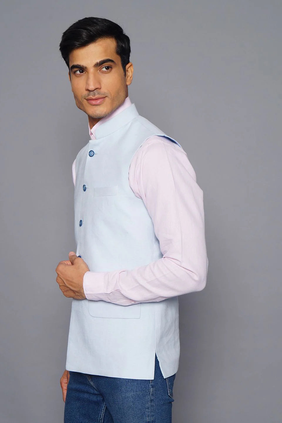 Sky Blue Linen Nehru Jacket For Men
