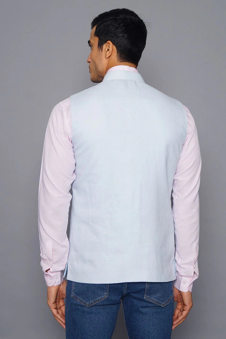 Sky Blue Linen Nehru Jacket For Men