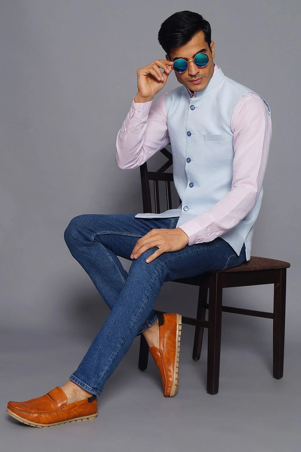 Sky Blue Linen Nehru Jacket For Men