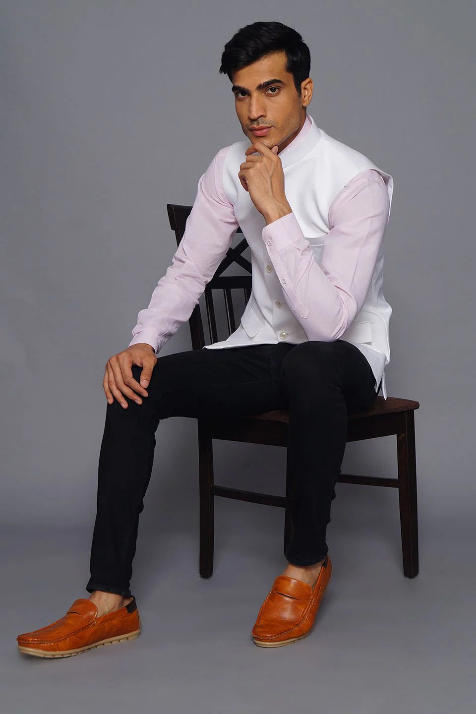 White Linen Nehru Jacket For Men