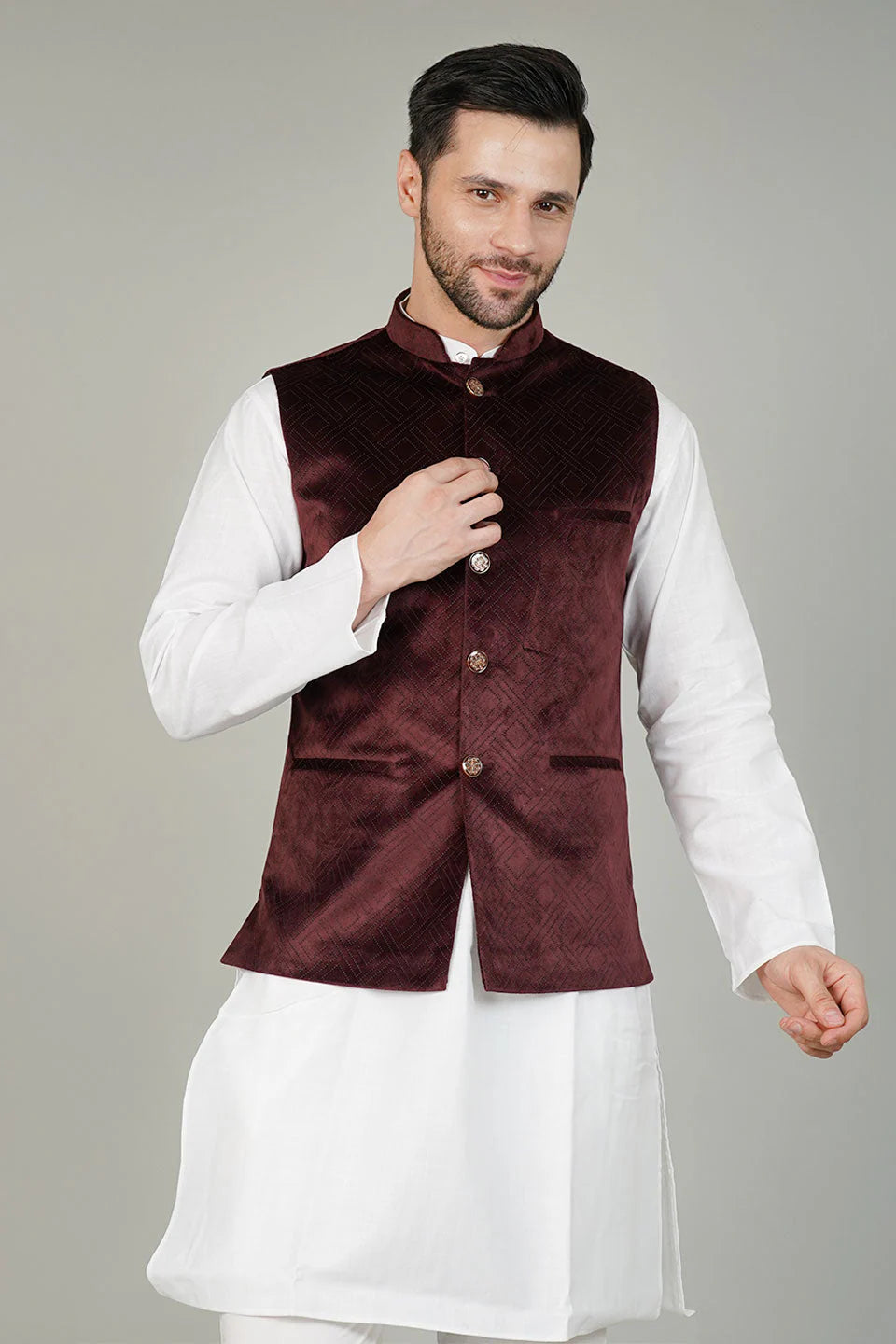 Maroon Velvet Nehru Jacket For Men