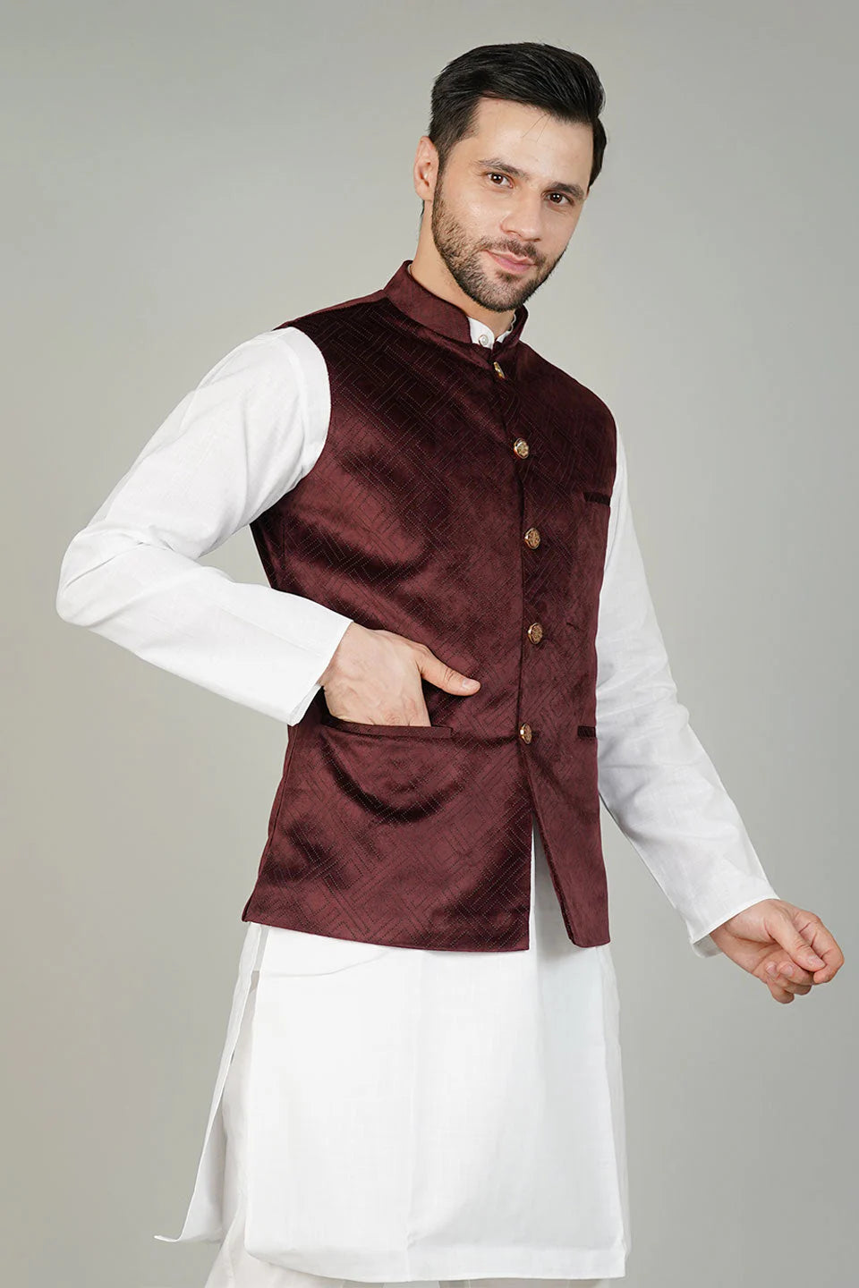 Maroon Velvet Nehru Jacket For Men