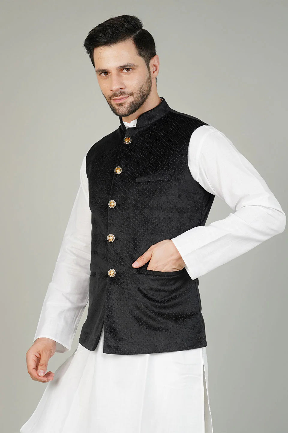 Black Velvet Nehru Jacket For Men