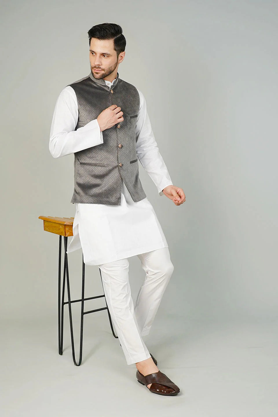 Grey Velvet Nehru Jacket For Men