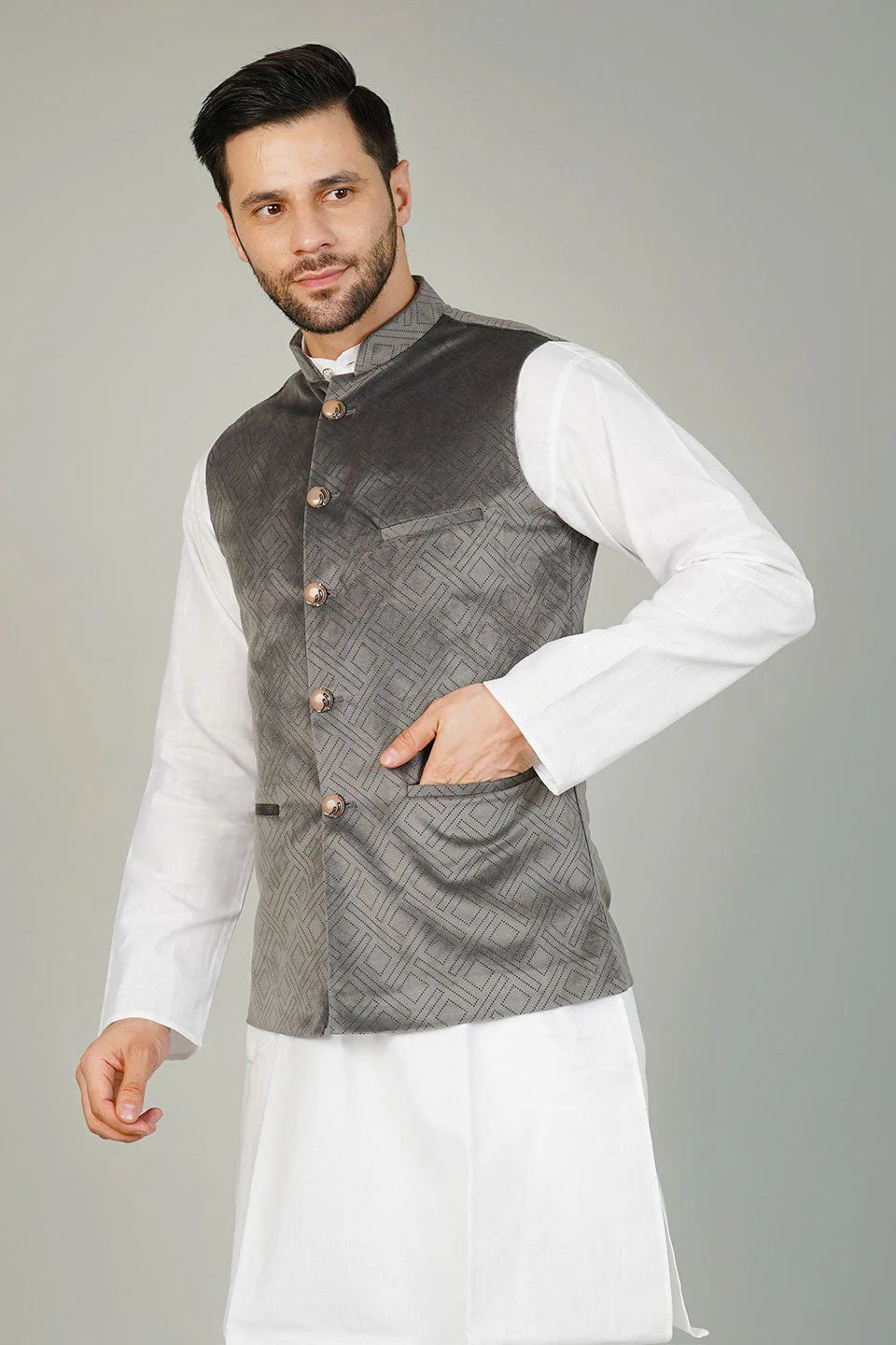 Grey Velvet Nehru Jacket For Men